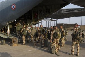 Handout photo of French troops boarding a transport plane in Ndjamena, Chad