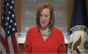 State Department Spokeswoman, Jen Psaki addresses reporters.