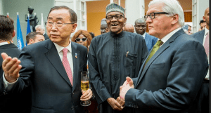 UN Secretary General Mr. Ban Ki Moon, President Muhammadu Buhari and Foreign Minister of Germany, Frank-Walter Steinmeier at the cocktail reception at the Munich residence