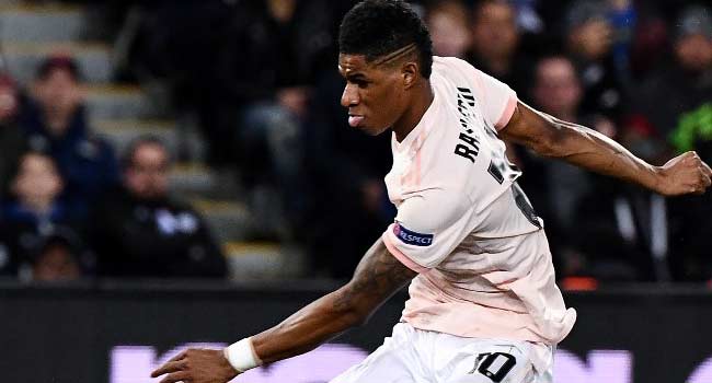 Manchester United's English forward Marcus Rashford plays a shot during the UEFA Champions League round of 16 second-leg football match between Paris Saint-Germain (PSG) and Manchester United at the Parc des Princes stadium in Paris on March 6, 2019. FRANCK FIFE / AFP