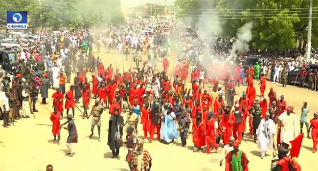 A procession of hunters at Bauchi durbar festival on Wednesday, June 5, 2019. PHOTO: Channels TV