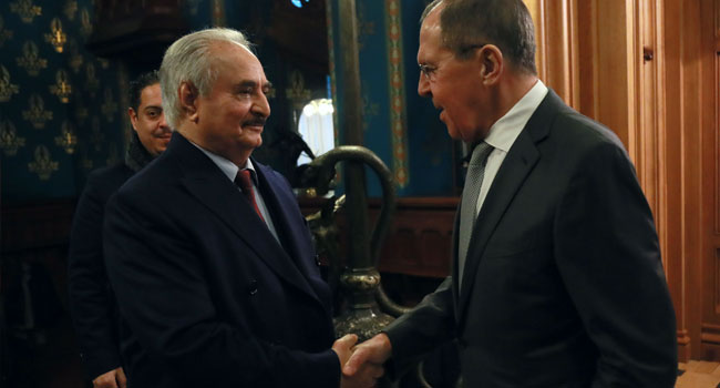 This handout picture released by the Russian Foreign Ministry on January 13, 2020 shows Russian Foreign Minister Sergei Lavrov (R) welcoming Libya's military strongman Khalifa Haftar (L) in Moscow. HO / RUSSIAN FOREIGN MINISTRY / AFP