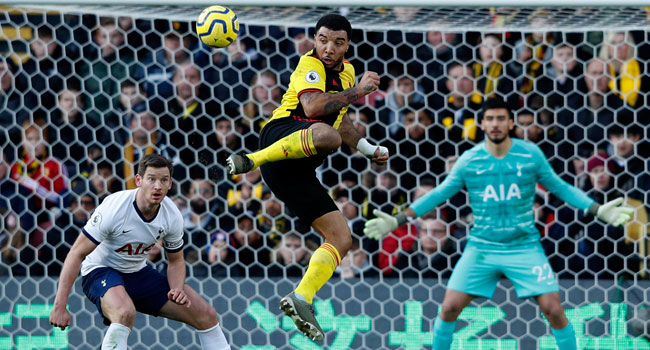 Watford's English striker Troy Deeney controls the ball during the English Premier League football match between Watford and Tottenham Hotspur at Vicarage Road Stadium in Watford, north of London on January 18, 2020. Adrian DENNIS / AFP