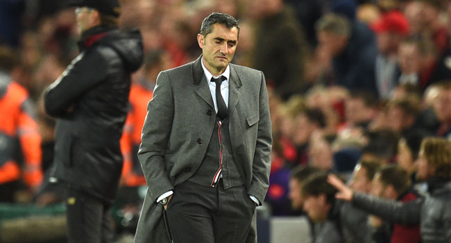 In this file photo taken on May 07, 2019 Barcelona's Spanish coach Ernesto Valverde reacts during the UEFA Champions league semi-final second leg football match between Liverpool and Barcelona at Anfield in Liverpool, north west England on May 7, 2019. Oli SCARFF / AFP