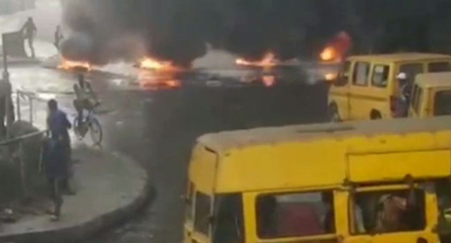 Protesters kicked against the ban of commercial motorcycles and tricycles in Ijora-Olopa, Lagos, on Monday, February 3, 2020