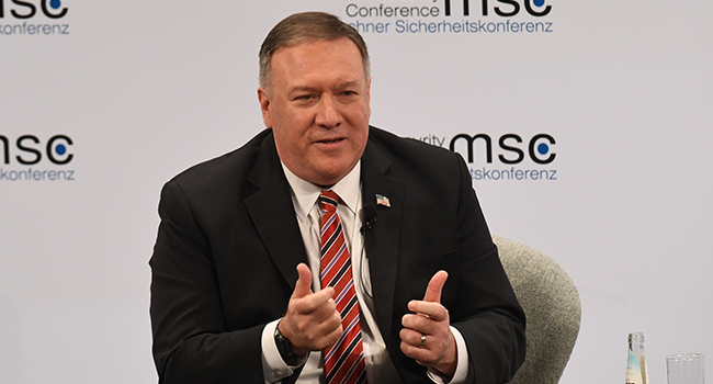 US Secretary of State Mike Pompeo speaks on the podium at the 56th Munich Security Conference (MSC) in Munich, southern Germany, on February 15, 2020. Christof STACHE / AFP