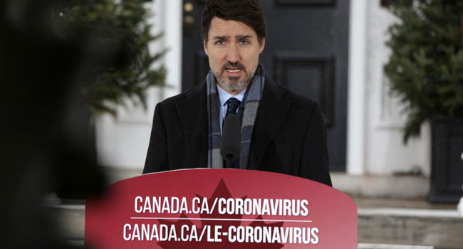 In this file photo Canadian Prime Minister Justin Trudeau speaks during a news conference on COVID-19 situation in Canada from his residence March 23, 2020 in Ottawa, Canada. Credit: AFP