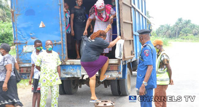 Some persons were apprehended inside a truck in Abia state amid a lockdown on April 24, 2020.