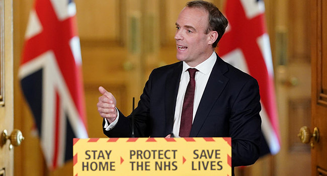 A handout image released by 10 Downing Street, shows Britain's Foreign Secretary Dominic Raab speaking during a remote press conference to update the nation on May 5, 2020. Pippa FOWLES / 10 Downing Street / AFP