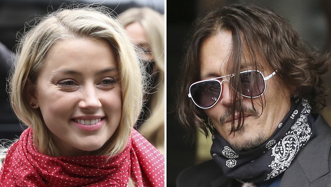 A combination of pictures shows US actress Amber Heard (L) and her former husband US actor Johnny Depp (R) arriving on the second day of Depp's libel action against News Group Newspapers (NGN), at the High Court in London, on July 8, 2020. - Depp is suing the publishers of The Sun and the author of the article for the claims that called him a "wife-beater" in April 2018. (Photo by ISABEL INFANTES / AFP)