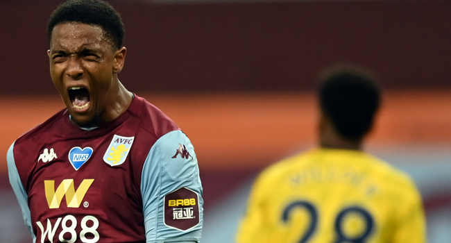 Aston Villa's English defender Ezri Konsa celebrates after the English Premier League football match between Aston Villa and Arsenal at Villa Park in Birmingham, central England on July 21, 2020. Shaun Botterill / POOL / AFP