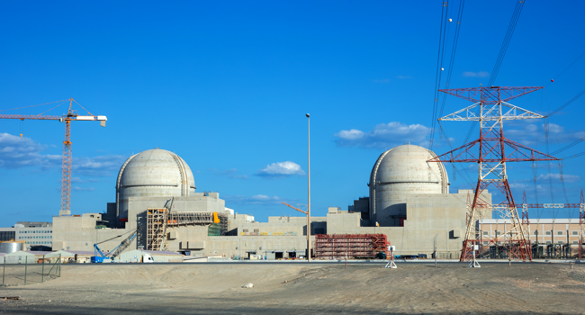 A file photo taken on November 12, 2019 as a handout picture obtained from the media office of the Barakah Nuclear Power Plant on February 13, shows a view of the power plant in the Gharbiya region of Abu Dhabi on the Gulf coastline about 50 kilometres west of Ruwais.  Barakah Nuclear Power Plant / AFP