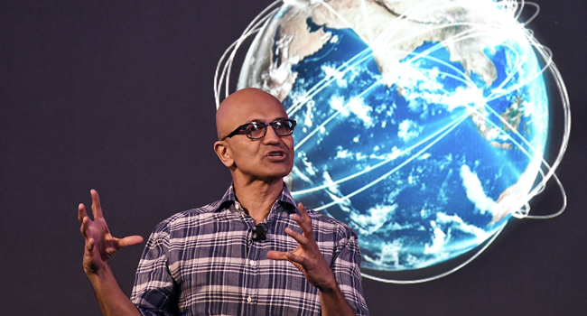  In this file photo taken on February 25, 2020 Microsoft Corporation Chief Executive Officer, Satya Nadella, gestures as he addresses the Future Decoded Tech Summit in Bangalore. Manjunath Kiran / AFP