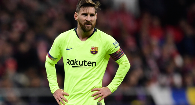 In this file photo taken on November 24, 2018 Barcelona's Argentinian forward Lionel Messi reacts during the Spanish league football match between Club Atletico de Madrid and FC Barcelona at the Wanda Metropolitano stadium in Madrid. JAVIER SORIANO / AFP