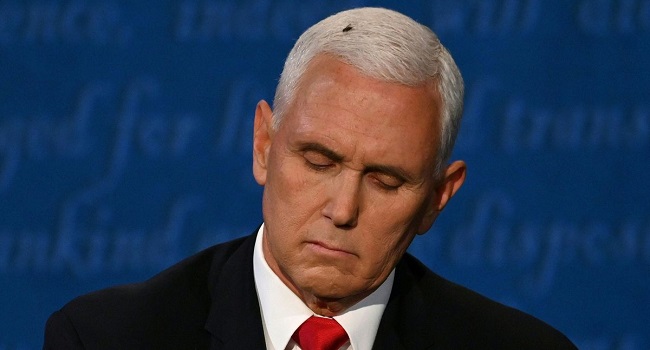 A fly rests on the head of US Vice President Mike Pence as he takes notes during the vice presidential debate against US Democratic vice presidential nominee and Senator from California Kamala Harris in Kingsbury Hall at the University of Utah on October 7, 2020, in Salt Lake City, Utah. (ERIC BARADAT / AFP )