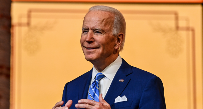 US President-elect Joe Biden delivers a Thanksgiving address at the Queen Theatre in Wilmington, Delaware, on November 25, 2020. CHANDAN KHANNA / AFP