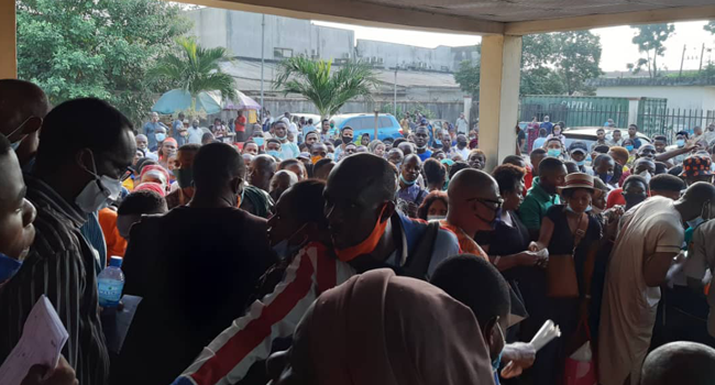 Large crowds gathered at the NIMC office in Lagos on December 21, 2020. amid COVID-19 restrictions.