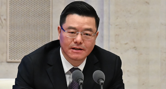 Wu Yonglin, President of China National Biotech Group (CNBG) Sinopharm, speaks at a press conference in Beijing on December 31, 2020. Leo RAMIREZ / AFP