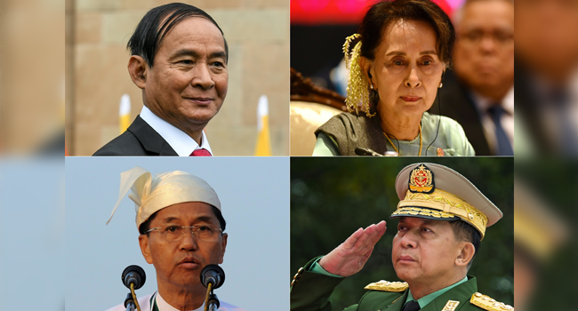 This combination of pictures created on February 1, 2021 shows (top L) Myanmar's President Win Myint during a visit to New Delhi on February 27, 2020, (top R) Myanmar's State Counsellor Aung San Suu Kyi at the 35th Association of Southeast Asian Nations (ASEAN) Summit in Bangkok on November 4, 2019, (bottom L) Myint Swe, then the Yangon division chief minister, delivering a speech in Yangon on February 12, 2013, and (bottom R) Myanmar's Chief Senior General Min Aung Hlaing, commander-in-chief of the Myanmar armed forces, saluting during a ceremony to mark the 71th anniversary of Martyrs' Day in Yangon on July 19, 2018. Soe Than WIN, Prakash SINGH, Lillian SUWANRUMPHA, Ye Aung THU / AFP
