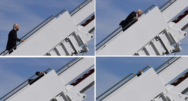 This combination of pictures created on March 19, 2021 shows US President Joe Biden continuing up the steps after tripping while boarding Air Force One at Joint Base Andrews in Maryland on Friday. Eric BARADAT / AFP