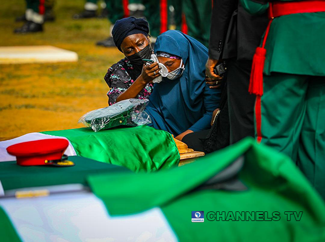 The late Chief of Army Staff, Lieutenant-General Ibrahim Attahiru and 10 other officers were buried on May 22, 2021 at the National Military Cemetery in Abuja. Sodiq Adelakun/Channels Television