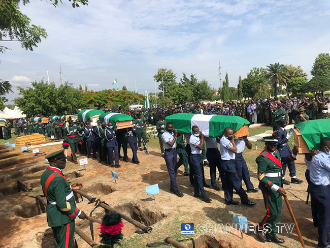 The late Chief of Army Staff, Lieutenant-General Ibrahim Attahiru and 10 other officers were buried on May 22, 2021 at the National Military Cemetery in Abuja. Sodiq Adelakun/Channels Television