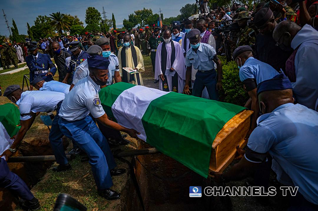 The late Chief of Army Staff, Lieutenant-General Ibrahim Attahiru and 10 other officers were buried on May 22, 2021 at the National Military Cemetery in Abuja. Sodiq Adelakun/Channels Television