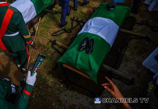 The late Chief of Army Staff, Lieutenant-General Ibrahim Attahiru and 10 other officers were buried on May 22, 2021 at the National Military Cemetery in Abuja. Sodiq Adelakun/Channels Television