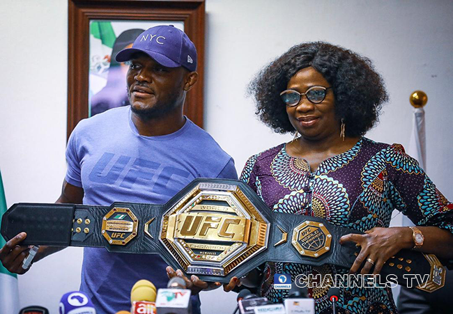 UFC Champion Kamaru Usman visited Chairman of the Nigerians in Diaspora Commission, Hon. Abike Dabiri-Erewa on June 11, 2021 in Abuja.