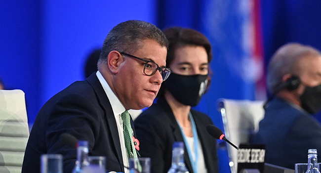 Britain's President for COP26 Alok Sharma makes his concluding remarks during the COP26 UN Climate Change Conference in Glasgow on November 13, 2021. Paul ELLIS / AFP
