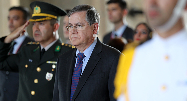 In this file photo taken on September 4, 2019 the new US Ambassador to Turkey David M. Satterfield pays his respects as he attends a wreath-laying ceremony at the Mausoleum of the Turkish Republic's founder Mustafa Kemal Ataturk (Anitkabir), in Ankara. Adem ALTAN / AFP