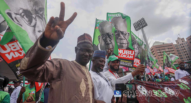 Supporters celebrate after Bola Ahmed Tinubu is declared winner of the APC presidential primaries on June 8, 2022. Sodiq Adelakun/Channels Television