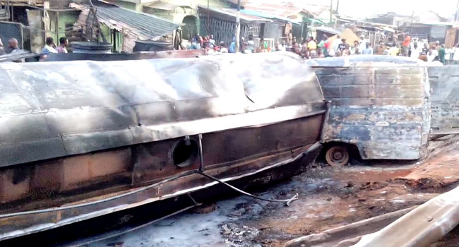 Shops, Vehicles Burnt As Tanker Falls Off Lagos Bridge