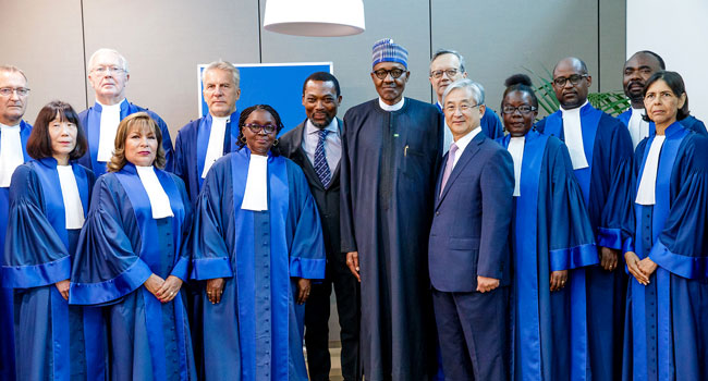 President Buhari in a group photo with Judges of the Criminal Court ahead of his Keynote address at the 20th Anniversary of the International Criminal Court (ICC) at the Hague, Netherlands on 17th July 2018.