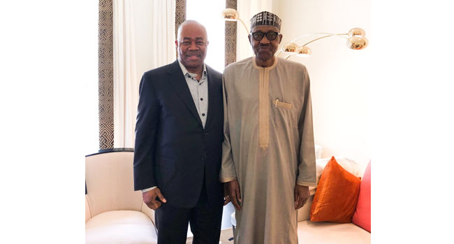 President Muhammadu Buhari with Senate Minority Leader, Senator Goodswill Akpabio in London, the United Kingdom on Sunday, August 5, 2018. PHOTO: Bashir Ahmad/Twitter