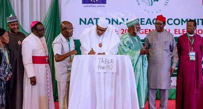Atiku, Ezekwesili Absent As Buhari And Other Candidates Sign Peace Accord