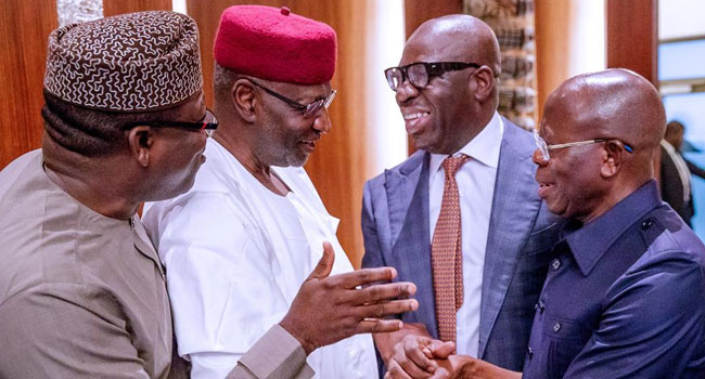 Oshiomhole And Obaseki Shake Hands, Laugh Together