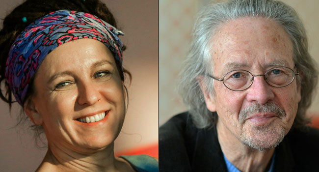 This combination of pictures created on October 10, 2019 shows Polish author Olga Tokarczuk (L) on September 17, 2018 in Krakow and Austrian novelist and playwright Peter
