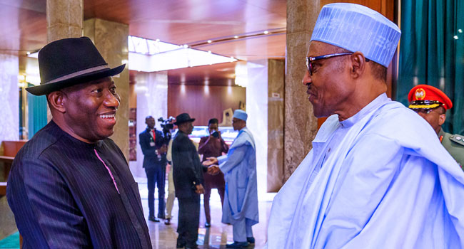 A file photo of former President Goodluck Jonathan and President Muhammadu Buhari.