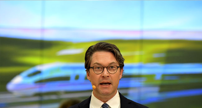 German Transport Minister Andreas Scheuer addresses the media at the signing of an agreement on railway modernisations with German railway operator Deutsche Bahn (DB) in Berlin, Germany, on January 14, 2020.