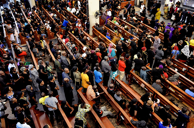 An aerial view of catholics as they mark the beginning of the Lenten season wearing black to show grievances at the rate of security challenges in Nigeria. Photo: Sodiq Adelakun/Channels TV