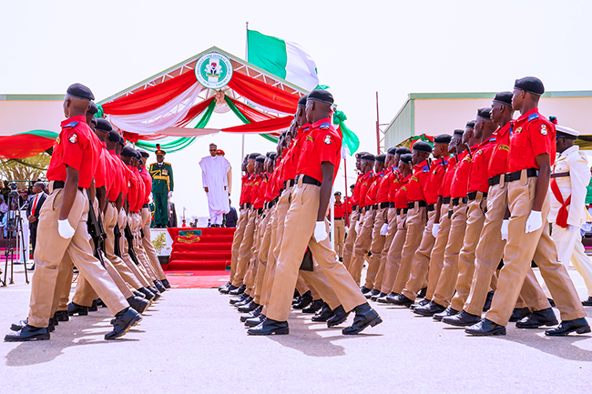 President Muhammadu Buhari at the Nigerian Defence Academy (NDA) in Kaduna state for the Passing Out Parade ceremony of the Detective Inspector Course of the Economic and Financial Crimes Commission (EFCC). The passing out parade highlights months of intensive military training and grooming of the cadets, in preparation for a challenging and exciting career as EFCC operatives. PHOTO: Bayo Omoboriowo
