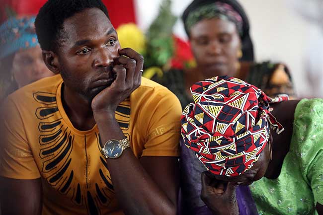 Relatives of Leah Sharibu react during her 2nd year in captivity remembrance in Abuja. PHOTO: Sodiq Adelakun