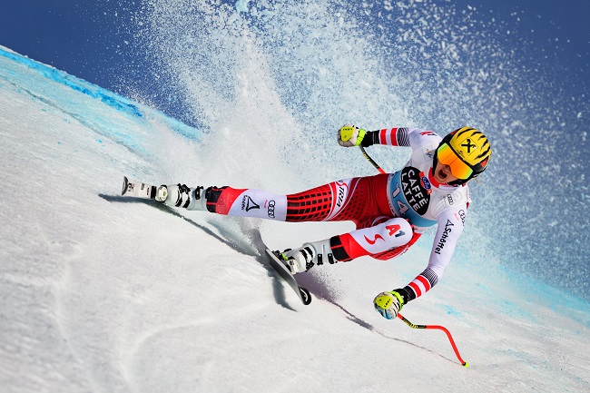 Austria's Nina Ortlieb competes in the Women's downhill race during the FIS Alpine Ski World Cup in Crans-Montana on February 21, 2020. (Photo by FABRICE COFFRINI / AFP)