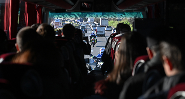 Police escort a bus transporting French citizens after leaving The Vacanciel Holiday Resort in Carry-le-Rouet, near Marseille, southern France on early February 14, 2020, where they spent 14 days in quarantine after their repatriation from Wuhan, China, from where the novel coronavirus has spread. HECTOR RETAMAL / AFP