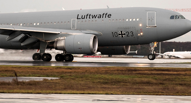 German Air Force Airbus A310 "Kurt Schumacher" lands at Frankfurt am Main's airport, western Germany, with on board German citizens who have been evacuated from the Chinese city of Wuhan, epicentre of the coronavirus outbreak on February 1, 2020. Thomas Lohnes / AFP