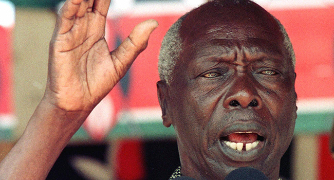 File picture of Kenyan President Daniel Arap Moi addressing a rally in Malindi, North of Mombasa, 26 August 1997. ALEXANDER JOE / AFP