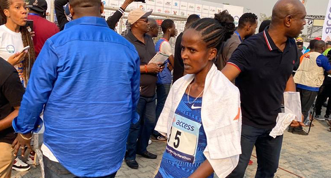 Kenyan Sharon Jemutai Cherop, was the first woman to finish the race.