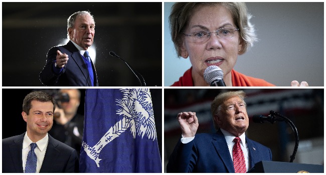 A combination photo including (clockwise from top-left) Mike Bloomberg, Elizabeth Warren, Donald Trump and Pete Buttigieg.