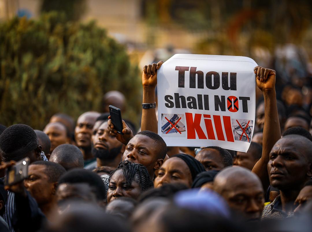 Catholic faithfuls display a banner during a protest over unending killings and kidnappings of Nigerians in Abuja on March 1, 2020. Photo: Sodiq Adelakun/ Channels TV